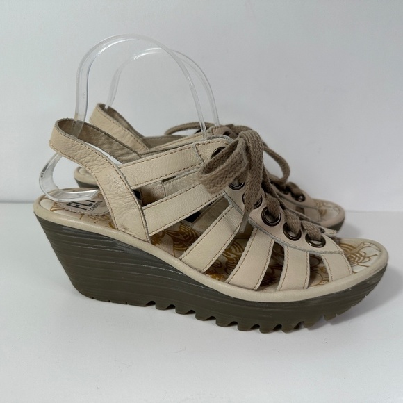 Fly London Yito Leather Lace-Up Wedge Sandals Ivory Women’s Size EU 40 - Picture 1 of 11